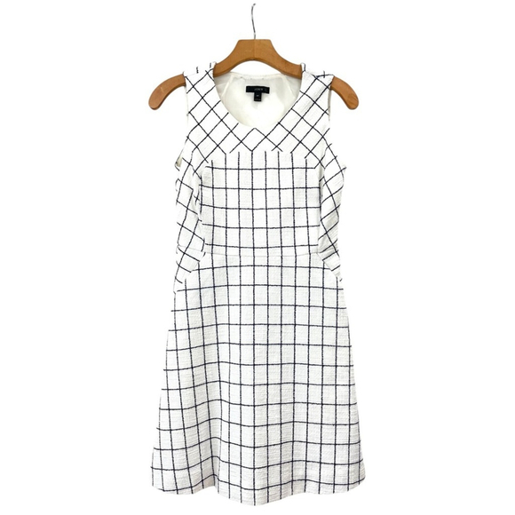 * J. Crew White and Navy Windowpane Tweed Sleeveless Fit and Flare Dress Size 4P - Picture 3 of 7